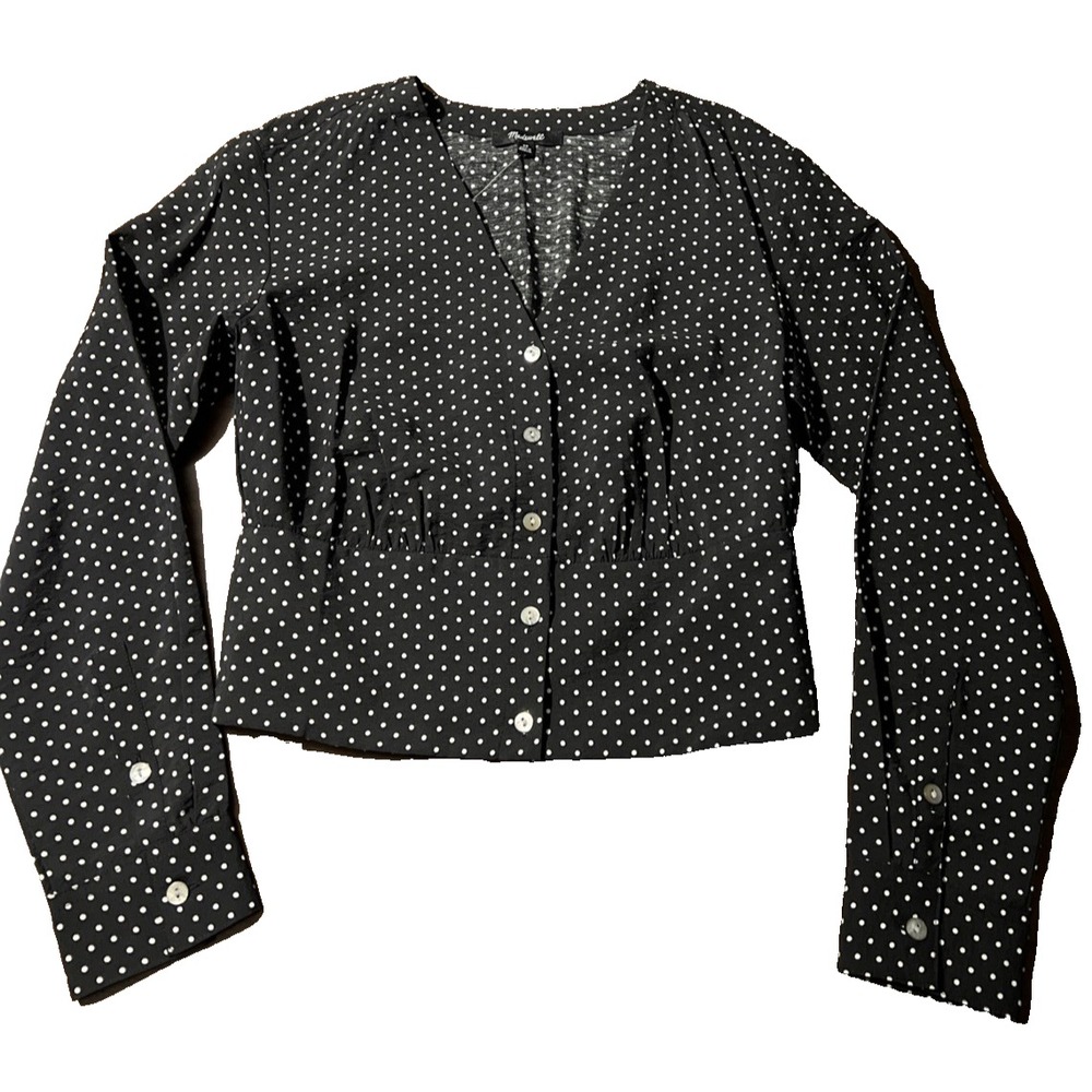 NEW Madewell XS Top Black Polka Dot V-Neck Button Front Crop Long Sleeve Classic